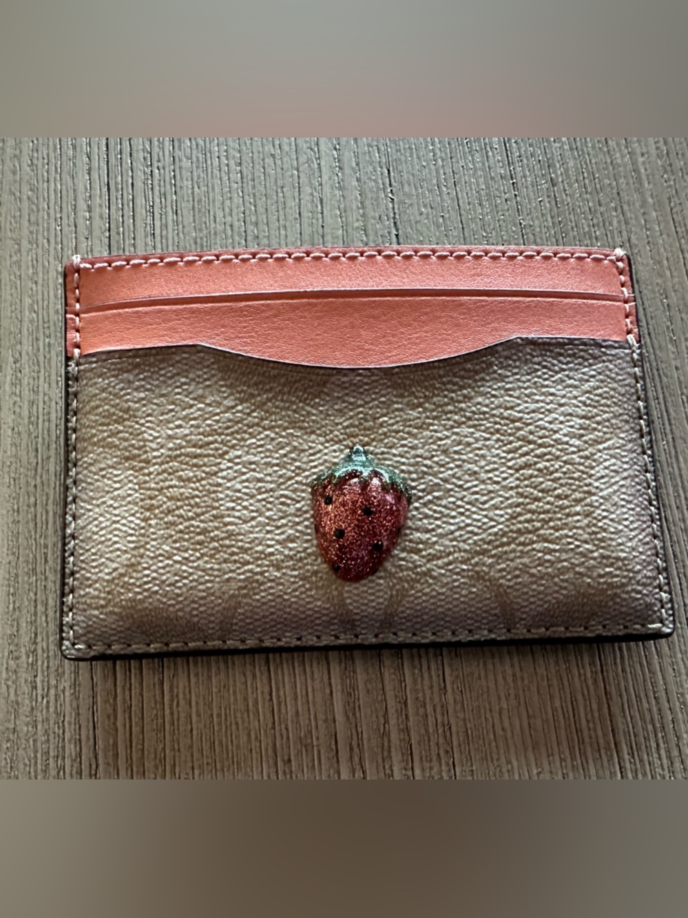 Coach Signature Slim Cardholder in Pink and Brown with Strawberry Accent